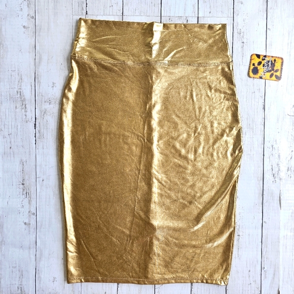 NEW Hybrid & Company Metallic Gold Wet Look High Waist Stretchy Bodycon Skirt - Picture 5 of 12